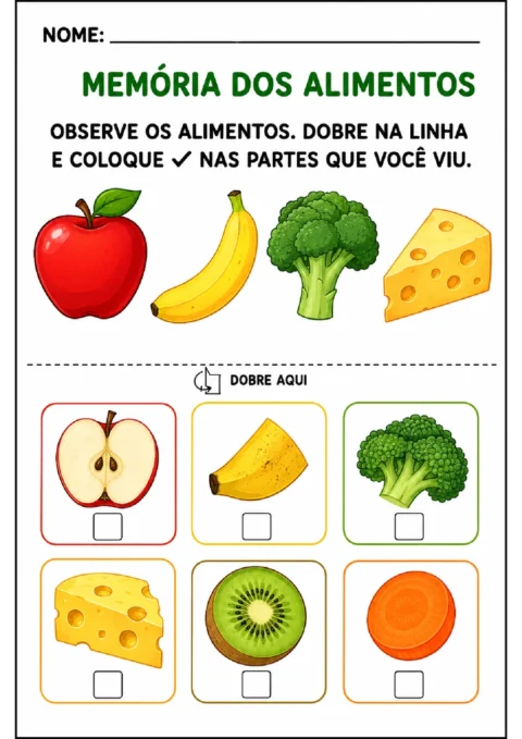 Jogo da memória com alimentos para observar, dobrar a folha e marcar as figuras vistas.