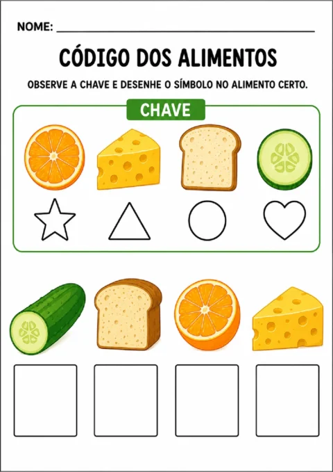 Atividade com código de alimentos para desenhar símbolos nos quadros conforme a chave visual.