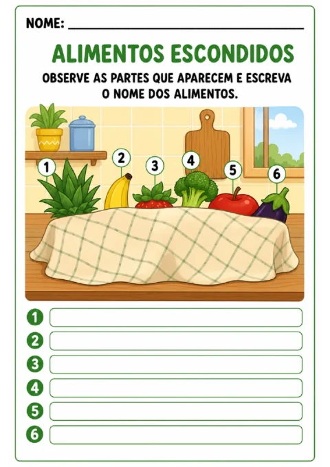 Atividade de alimentos escondidos para identificar seis itens parcialmente cobertos e escrever seus nomes.
