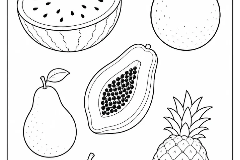 Atividade para pintar apenas as frutas com sementes visíveis, como melancia, mamão e maçã cortados.