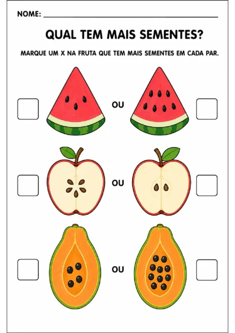 Atividade para marcar um X na fruta com mais sementes em pares de melancia, maçã e mamão.