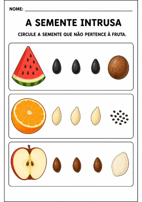 Atividade para circular a semente intrusa em conjuntos associados a melancia, laranja e maçã.