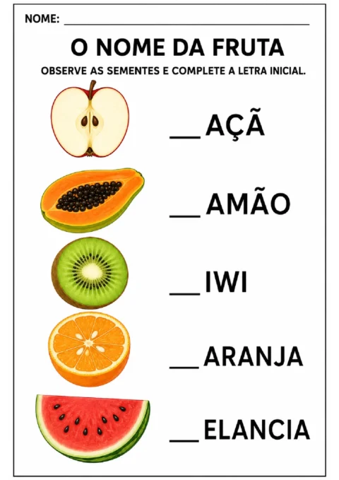 Atividade para completar a letra inicial dos nomes de maçã, mamão, kiwi, laranja e melancia.