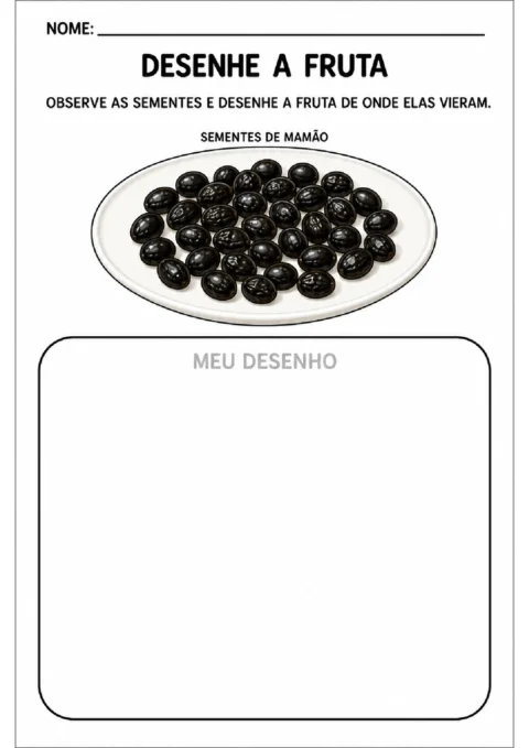 Atividade para observar sementes pretas em um prato e desenhar a fruta de onde elas vieram.