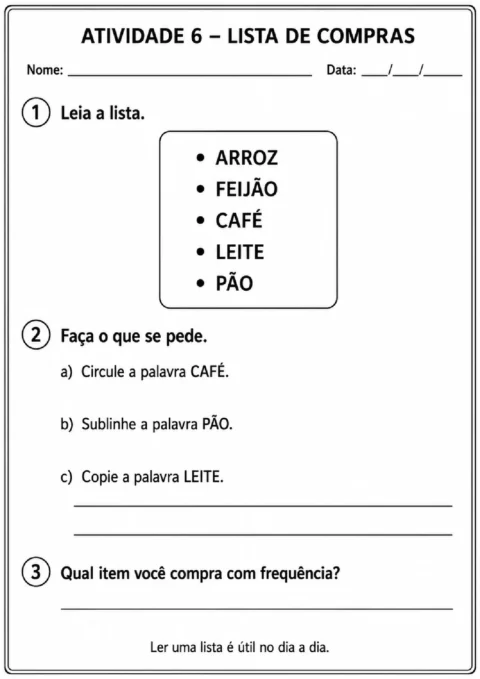 Atividade com lista de compras para circular CAFÉ, sublinhar PÃO e copiar LEITE.