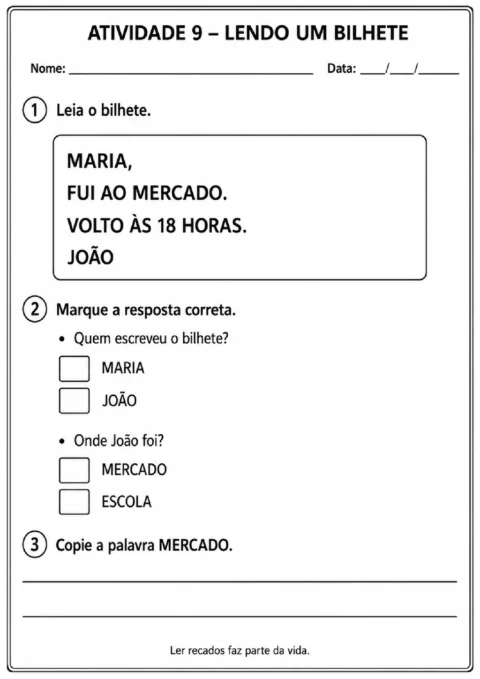 Atividade de leitura de um bilhete com perguntas de compreensão e cópia da palavra MERCADO.