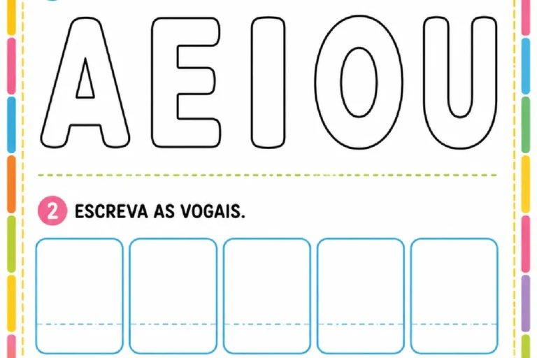 Atividade sobre vogais para pintar as letras A, E, I, O e U e escrevê-las nos espaços indicados.