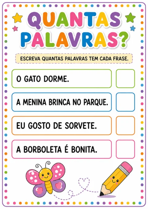 Atividade para contar quantas palavras há em frases sobre gato, menina, sorvete e borboleta.