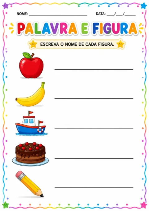 Atividade para escrever os nomes das figuras de maçã, banana, barco, bolo e lápis nas linhas.