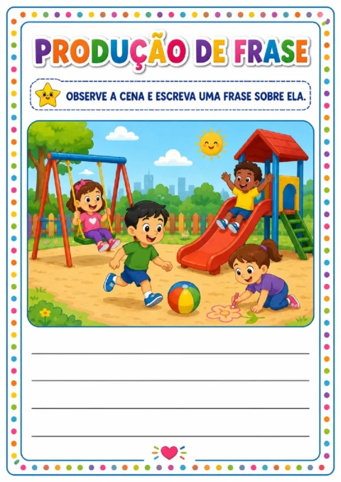 Atividade de produção de frase a partir de uma cena colorida de crianças brincando no parquinho.