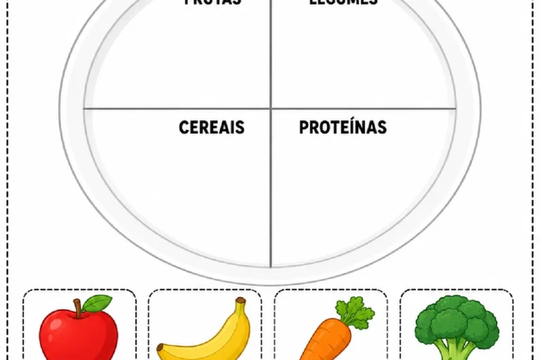 Atividade para recortar alimentos e colá-los no prato dividido em frutas, legumes, cereais e proteínas.