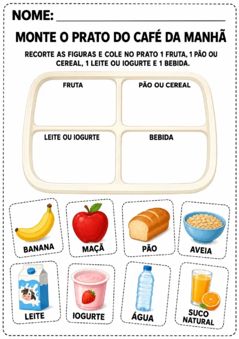 Atividade para montar um prato de café da manhã com fruta, pão ou cereal, leite ou iogurte e bebida.
