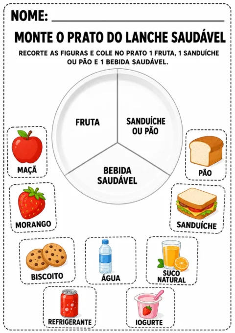 Atividade para montar um lanche saudável com fruta, sanduíche ou pão e bebida saudável.