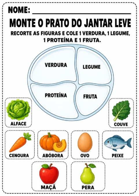 Atividade para montar um prato de jantar leve com verdura, legume, proteína e fruta.