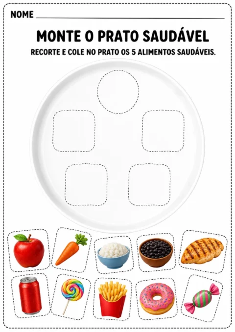 Atividade para montar um prato saudável escolhendo e colando cinco alimentos.
