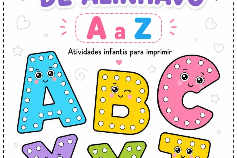 Capa do alfabeto de alinhavo com as letras coloridas A, B, C, X, Y e Z decoradas com furos