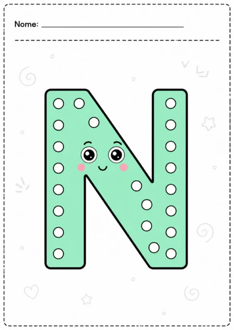 Atividade com a letra N verde e círculos brancos distribuídos para preencher