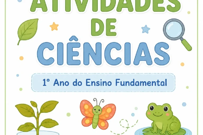 Capa colorida de atividades de ciências para o 1º ano, com sol, nuvem, plantas, animais e lupa.