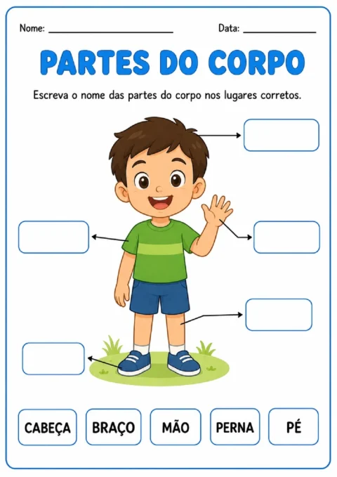 Atividade sobre partes do corpo com menino, setas e palavras para escrever nos campos indicados.