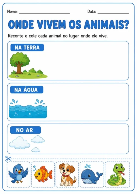 Atividade para recortar animais e colá-los nos quadros de terra, água ou ar, conforme seu hábitat.