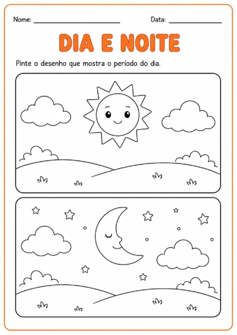 Atividade sobre dia e noite para pintar a cena que representa o período diurno, com sol e lua.
