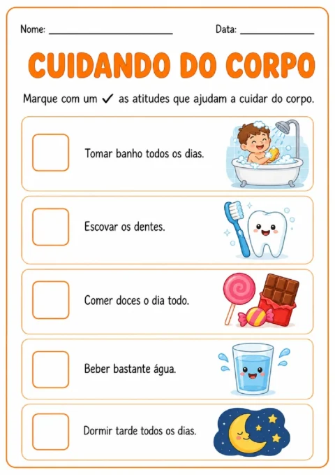 Atividade para marcar hábitos que ajudam a cuidar do corpo, como banho e escovação.