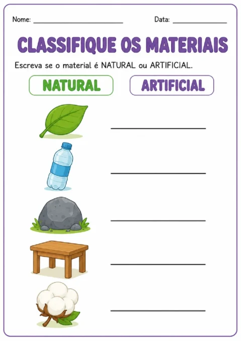 Atividade para classificar folha, garrafa, pedra, mesa e algodão como naturais ou artificiais.