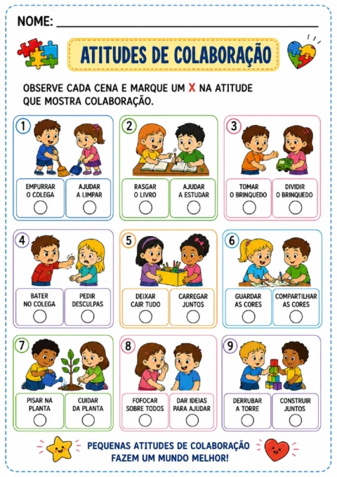 Atividade com nove cenas para marcar com um X a atitude de colaboração em cada situação