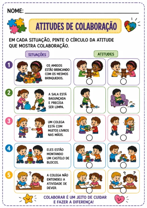 Atividade para pintar o círculo da atitude colaborativa em cinco situações ilustradas