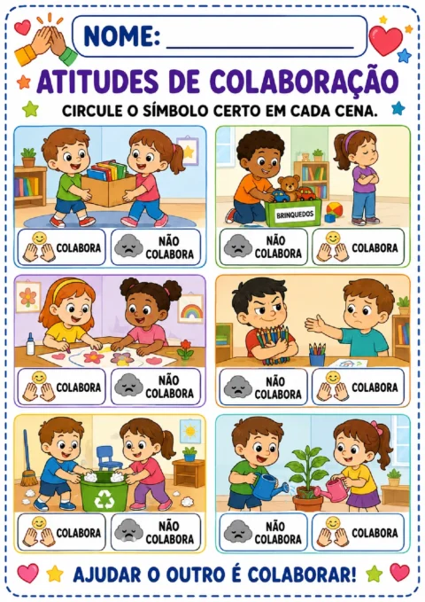 Atividade com seis cenas para circular o símbolo de colaboração ou não colaboração
