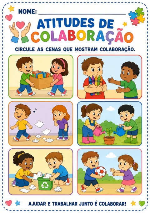 Atividade para circular seis cenas que mostram colaboração entre crianças em tarefas do dia a dia