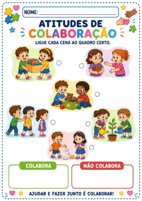 Atividade para ligar cenas de crianças aos quadros “Colabora” e “Não colabora”