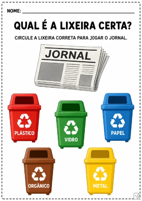 Atividade para circular a lixeira correta para descartar jornal entre recipientes de plástico, vidro, papel, orgânico e metal.