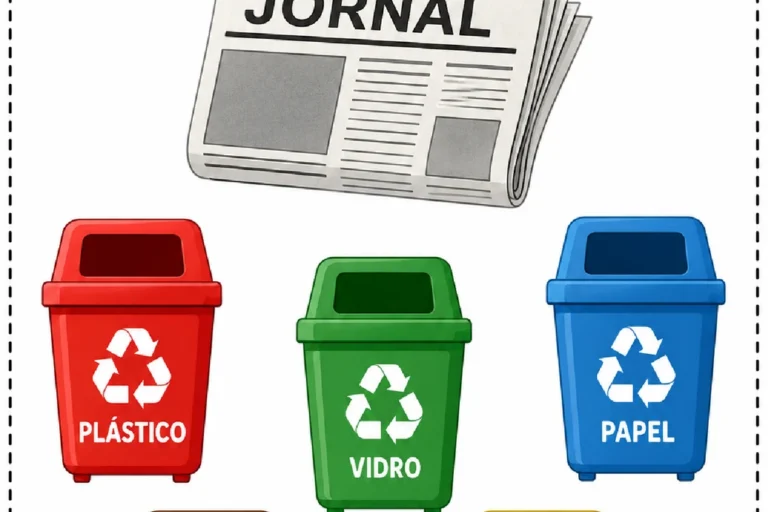 Atividade para circular a lixeira correta para descartar jornal entre recipientes de plástico, vidro, papel, orgânico e metal.