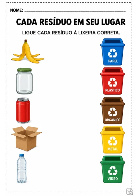 Atividade para ligar casca de banana, pote de vidro, lata, caixa e garrafa às lixeiras de reciclagem correspondentes.
