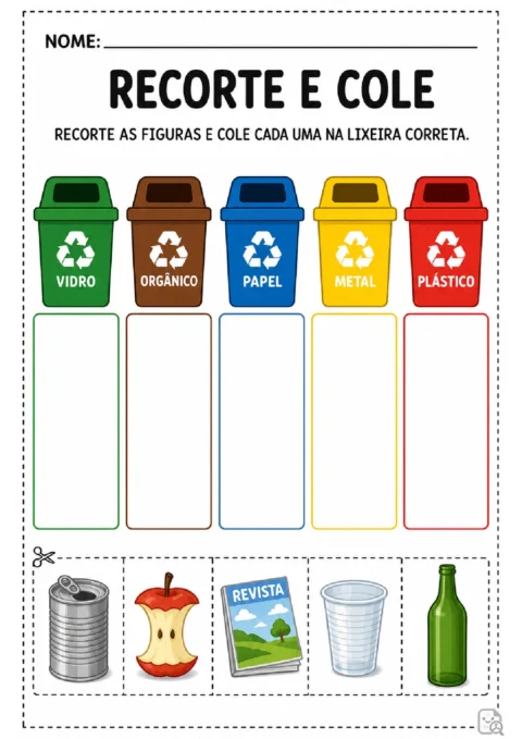 Atividade para recortar e colar lata, resto de maçã, revista, copo e garrafa nas lixeiras corretas.