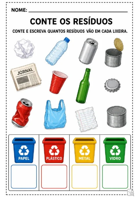 Atividade para contar resíduos de papel, plástico, metal e vidro e escrever a quantidade em cada lixeira.