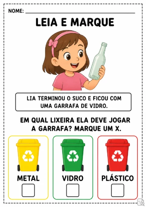 Atividade de leitura para marcar com X a lixeira correta para uma garrafa de vidro.