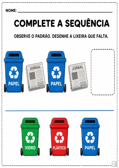 Atividade para completar uma sequência alternada entre lixeira de papel e jornal, desenhando a lixeira que falta.