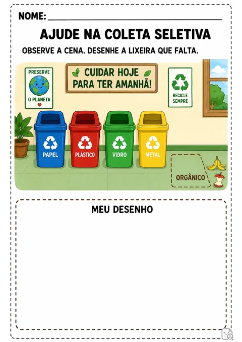 Atividade de coleta seletiva para desenhar a lixeira que falta na cena com papel, plástico, vidro e metal.