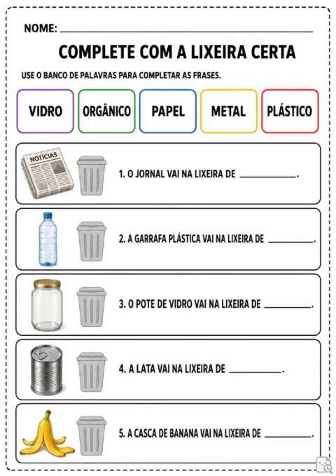 Atividade para completar frases com a lixeira correta para jornal, garrafa plástica, pote de vidro, lata e casca de banana.