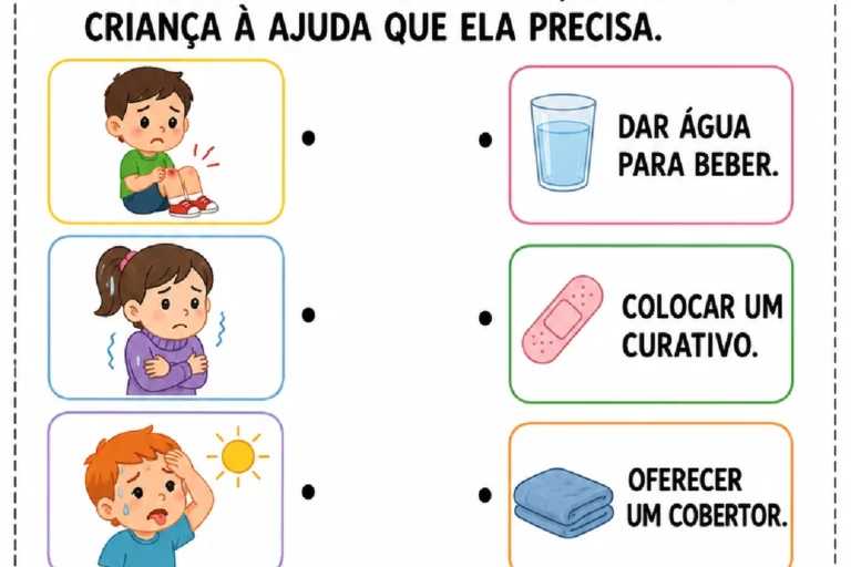 Atividade de ligar crianças e suas necessidades a água, curativo, cobertor e abraço