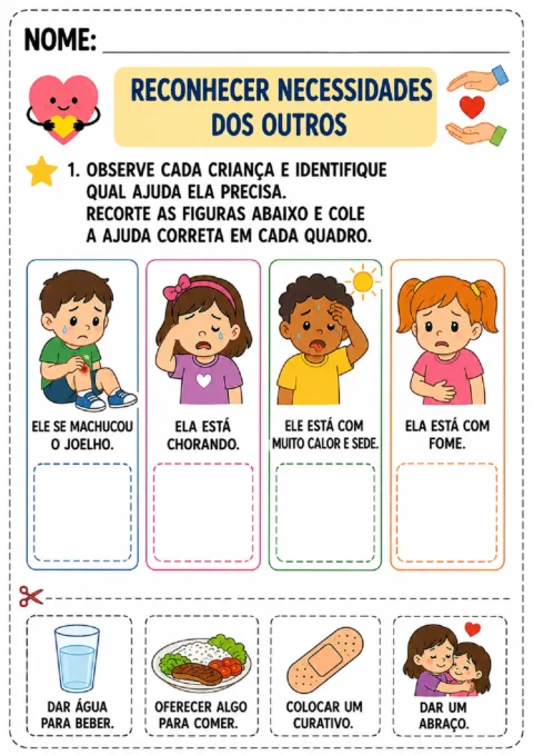 Atividade para ligar crianças machucadas, chorando, com sede e com fome às ajudas corretas