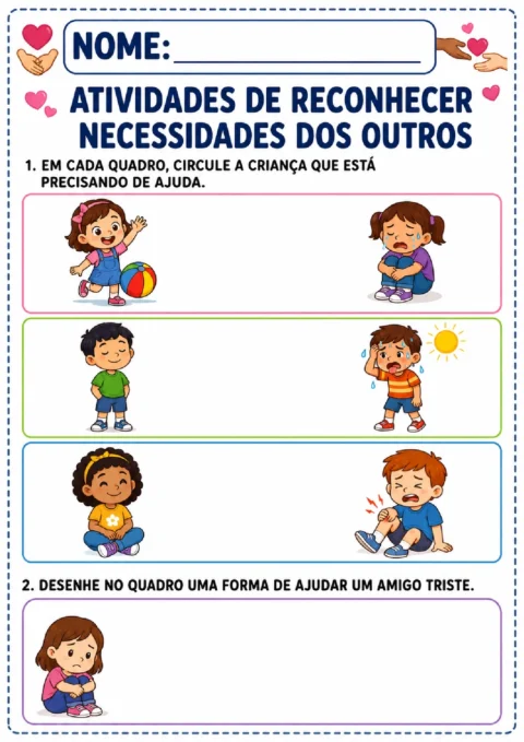 Atividade para circular a criança que precisa de ajuda e desenhar como apoiar uma amiga triste