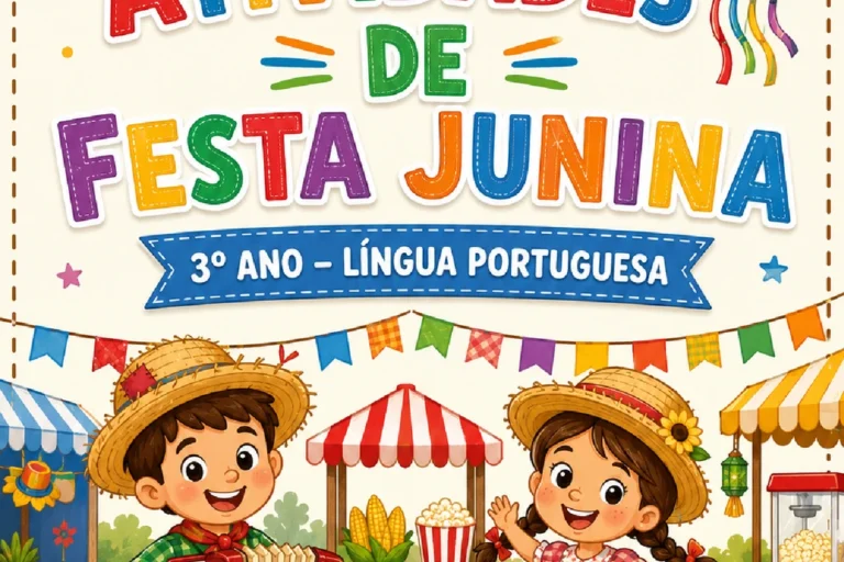 Capa colorida de atividades de Festa Junina para o 3º ano de Língua Portuguesa, com crianças e fogueira