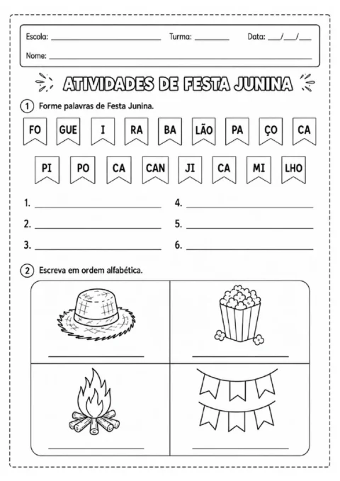 Atividade de Festa Junina para formar palavras com sílabas e escrever itens ilustrados em ordem alfabética