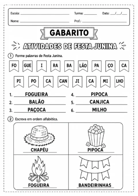 Gabarito de atividade de Festa Junina com palavras formadas por sílabas e nomes de figuras em ordem alfabética