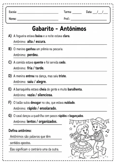 Gabarito de atividade sobre antônimos com frases, respostas preenchidas e definição do conceito