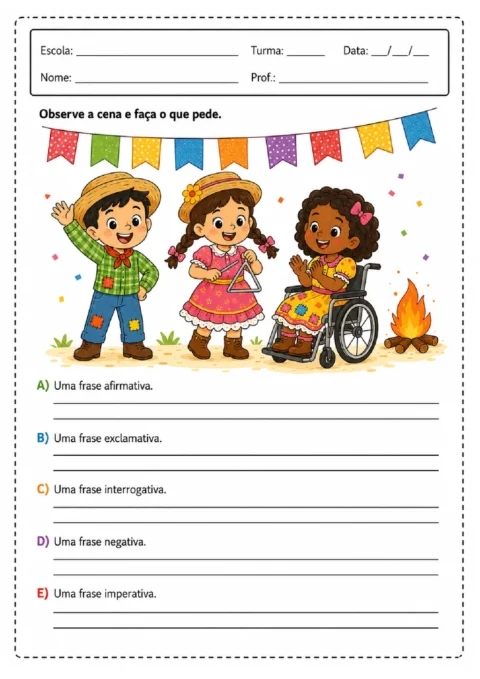 Atividade para escrever frases afirmativas, exclamativas, interrogativas, negativas e imperativas sobre festa junina