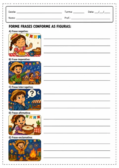 Atividade para formar frases negativas, imperativas, interrogativas, afirmativas e exclamativas com figuras juninas